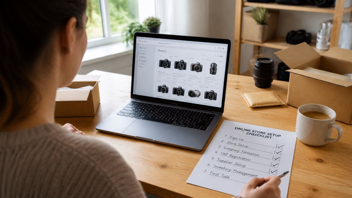 Checklist for ecommerce store setup showing seven stages from sign-up to first sale on a laptop dashboard.