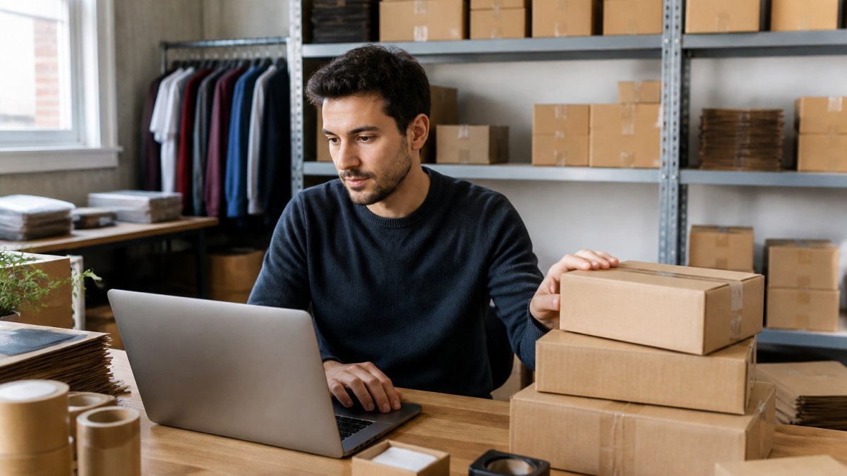 Online seller checking inventory on a laptop in a warehouse to scale online store operations efficiently.