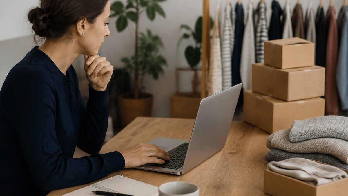 Small business owner reviewing an ecommerce store maintenance dashboard on a laptop at a tidy home desk